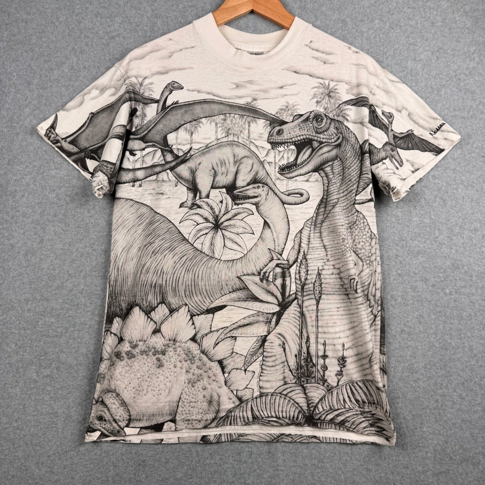 Vintage T Shirt Mens Medium White 1993 Oneita Dinosaur AOP Bahamas Single Stitch